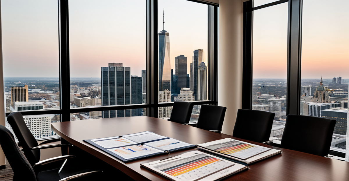 Modern corporate boardroom table with tablet displaying financial charts