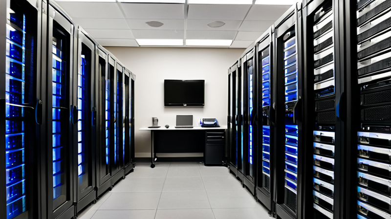 Secure modern server room with LED-lit server racks