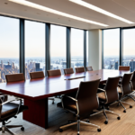 An empty modern corporate boardroom with a polished table and a market trend display on the wall, representing high-level financial strategy.