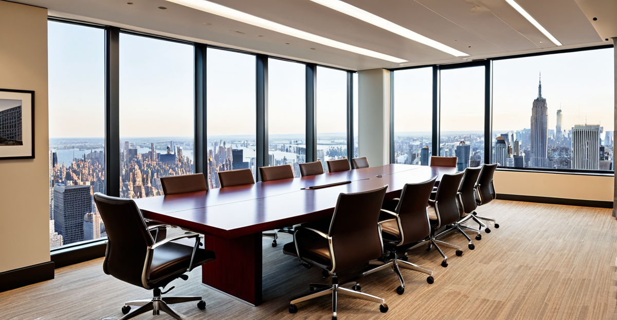 An empty modern corporate boardroom with a polished table and a market trend display on the wall, representing high-level financial strategy.
