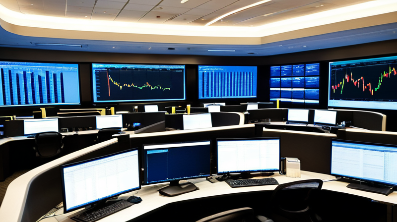 An empty modern trading floor with multiple monitors displaying financial data, representing investment banking infrastructure.