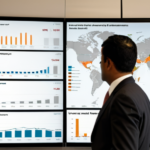 An analyst reviewing a global asset distribution and portfolio risk dashboard in a modern office.