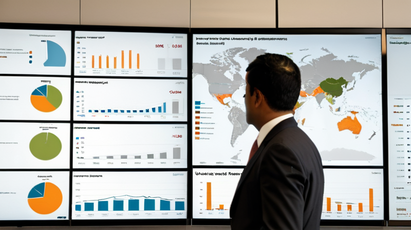 An analyst reviewing a global asset distribution and portfolio risk dashboard in a modern office.