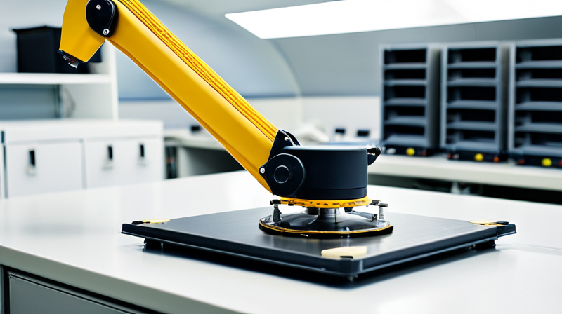 Robotic arm processing a silicon wafer in a semiconductor clean room laboratory.