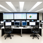 A modern automated operations center displaying real-time communication metrics on large screens.