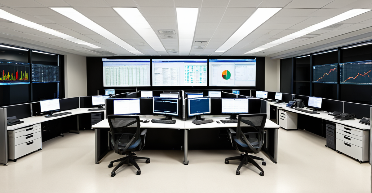 A modern automated operations center displaying real-time communication metrics on large screens.
