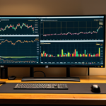 A modern cryptocurrency trading desk with market charts and a hardware wallet