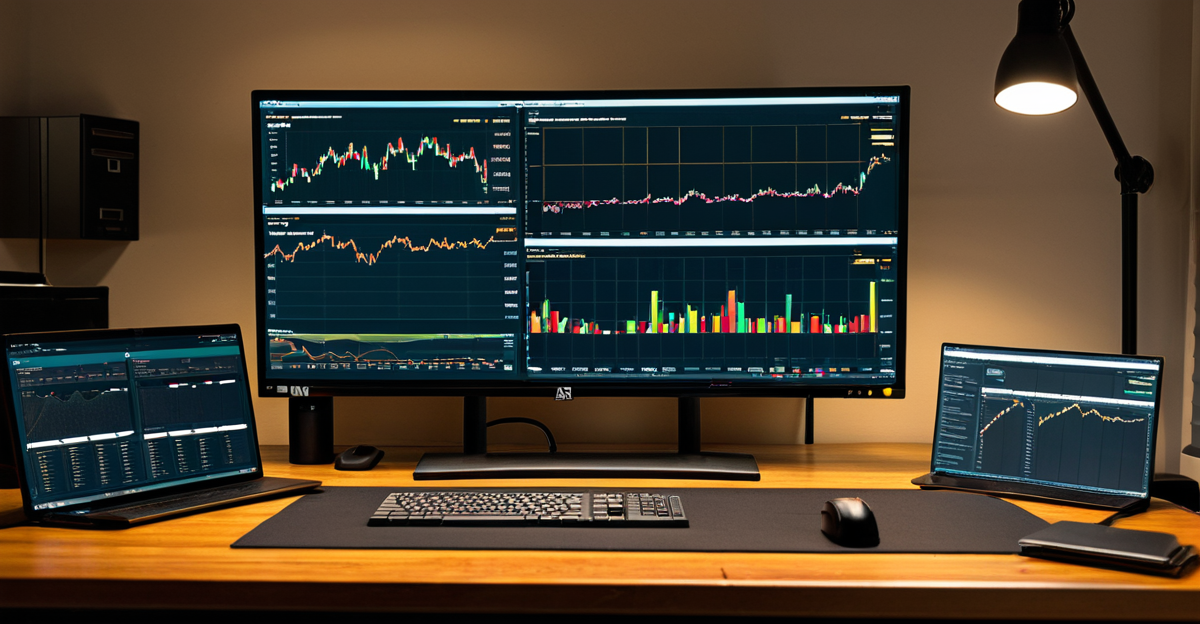A modern cryptocurrency trading desk with market charts and a hardware wallet