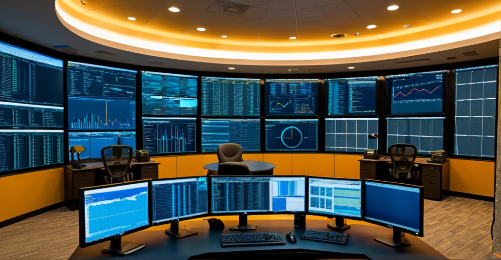 Cybersecurity operations center showing network monitoring dashboards and secure cryptographic data streams.