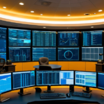 Cybersecurity operations center showing network monitoring dashboards and secure cryptographic data streams.
