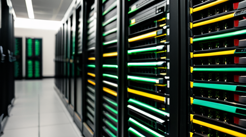 Secure server room rack with blinking LED indicators and organized networking cables representing cryptographic infrastructure.