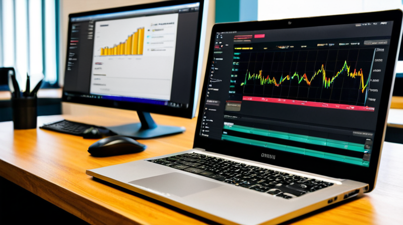 Analyst workspace featuring a laptop with a portfolio dashboard and a physical hardware wallet on a wooden desk.