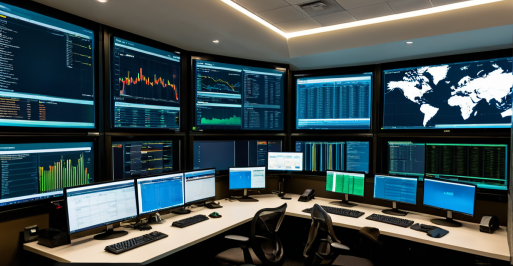 A high-tech cybersecurity operations center monitoring global blockchain network activity.