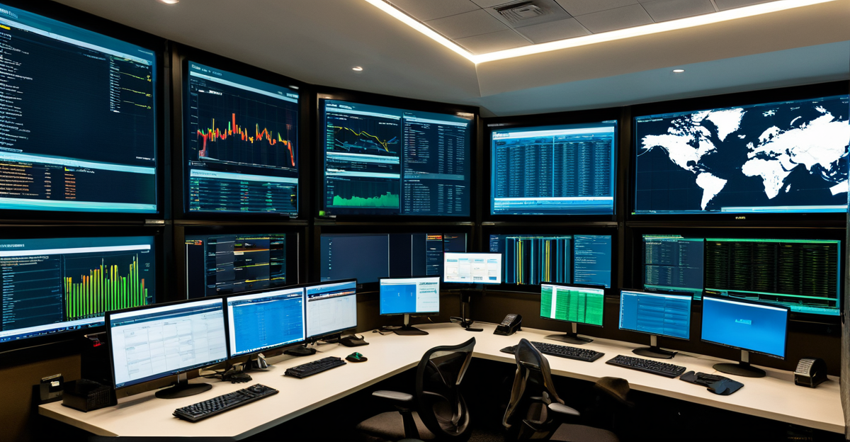 A high-tech cybersecurity operations center monitoring global blockchain network activity.