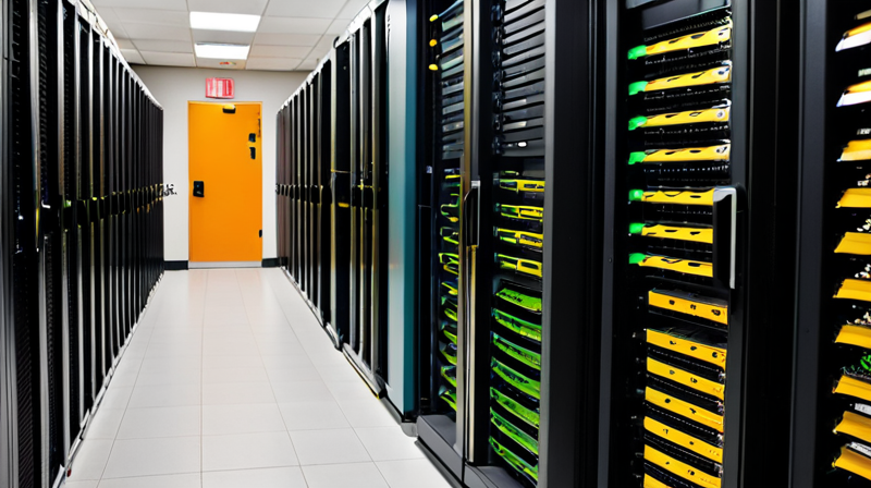 Enterprise-grade server racks hosting blockchain validation nodes and running consensus algorithms.