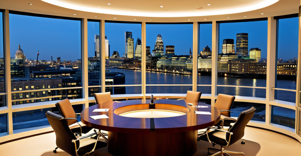 A modern investment banking boardroom with a polished conference table and financial dashboards displayed on tablets, representing private equity and investment banking strategies.