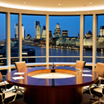 A modern investment banking boardroom with a polished conference table and financial dashboards displayed on tablets, representing private equity and investment banking strategies.