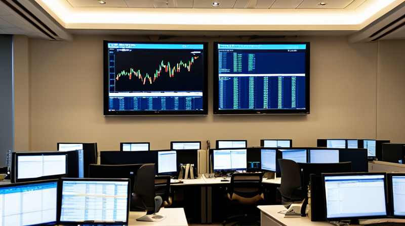 An empty modern corporate trading floor with multiple flat-panel monitors displaying market data and transaction timelines.
