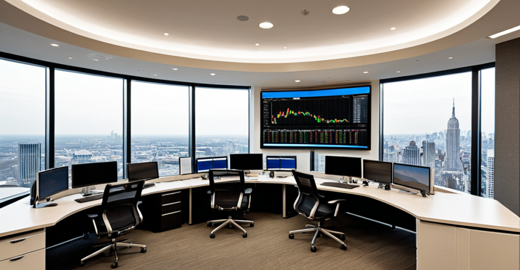 High-tech financial trading desk with multiple monitors displaying market data and private equity valuations in a modern office.