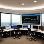 High-tech financial trading desk with multiple monitors displaying market data and private equity valuations in a modern office.