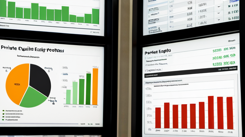 Digital dashboard showing a diversified financial portfolio with a significant allocation to private equity, alongside risk and return metrics.