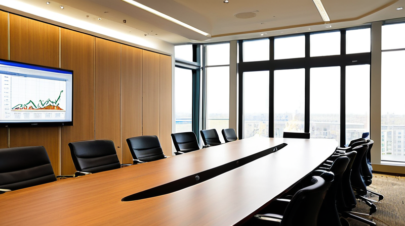 Empty modern conference room with a large screen displaying financial projections, symbolizing investment banking deal negotiations.