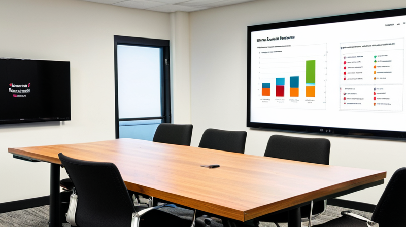 Corporate conference room displaying machine learning integration diagrams on a wall screen.