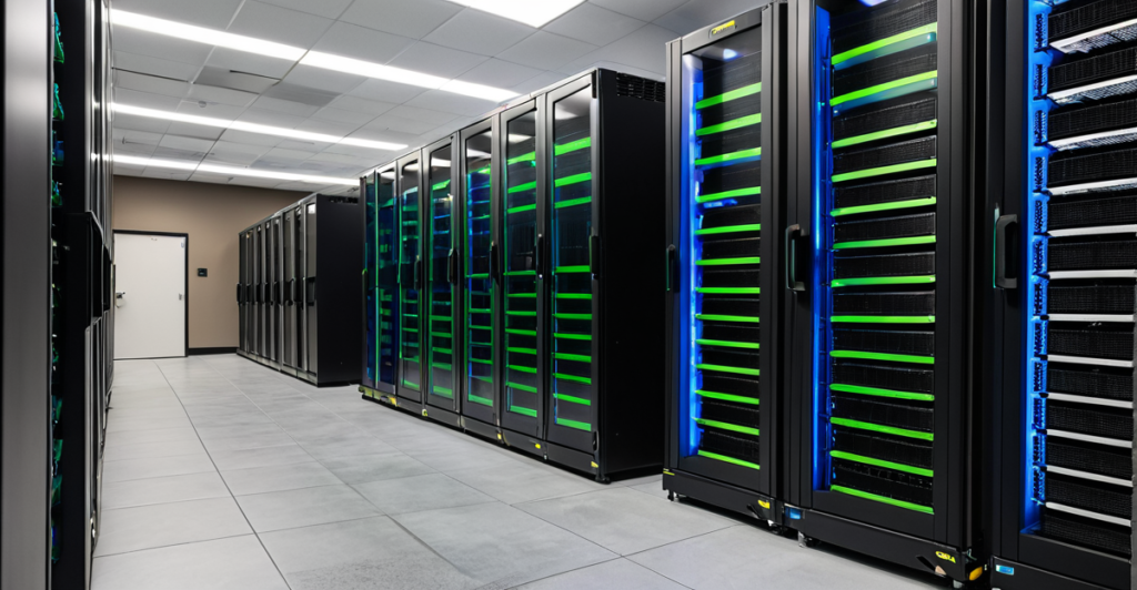 High-density GPU server racks in a modern data center representing the infrastructure of the artificial intelligence industry.