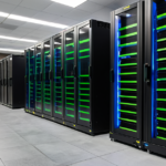 High-density GPU server racks in a modern data center representing the infrastructure of the artificial intelligence industry.