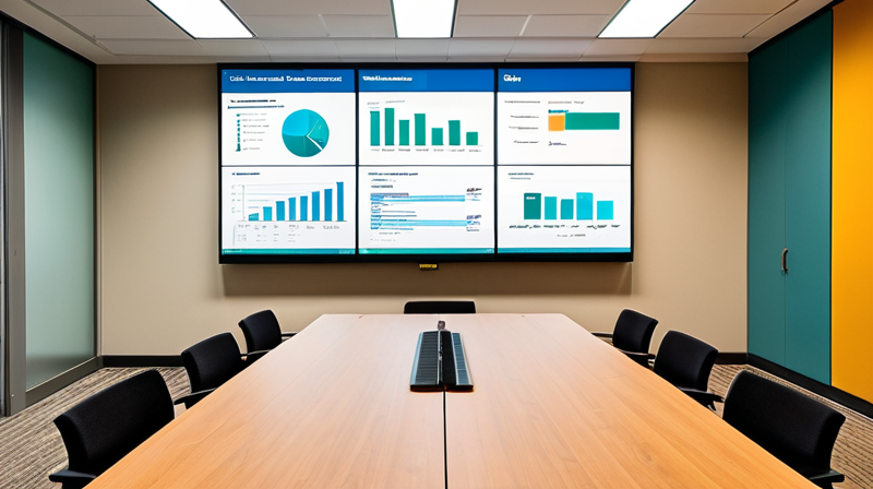 A corporate conference room with a presentation screen displaying automated data pipelines and AI workflow diagrams.