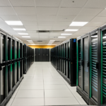 High-tech data center with glowing server racks, illustrating the infrastructure powering the AI boom.