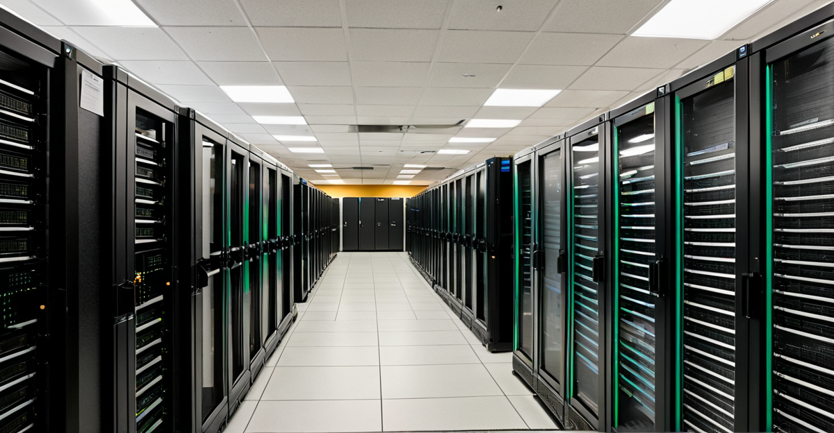 High-tech data center with glowing server racks, illustrating the infrastructure powering the AI boom.