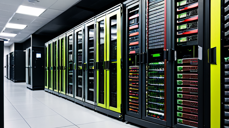 Close-up of a high-performance GPU server rack with diagnostic monitors in an AI research lab, illustrating generative AI processing power.