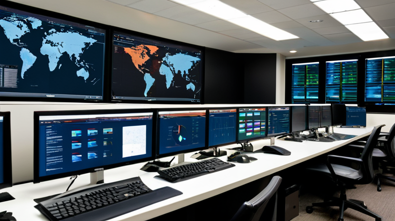Modern control room with multiple screens displaying network topology and data flows, representing AI's application in system monitoring.