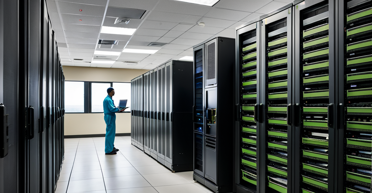 High-tech data center with glowing server racks symbolizing the AI Boom