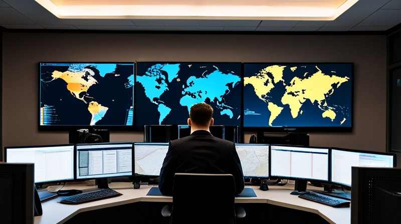 Cybersecurity operations center showing global network traffic and threat intelligence