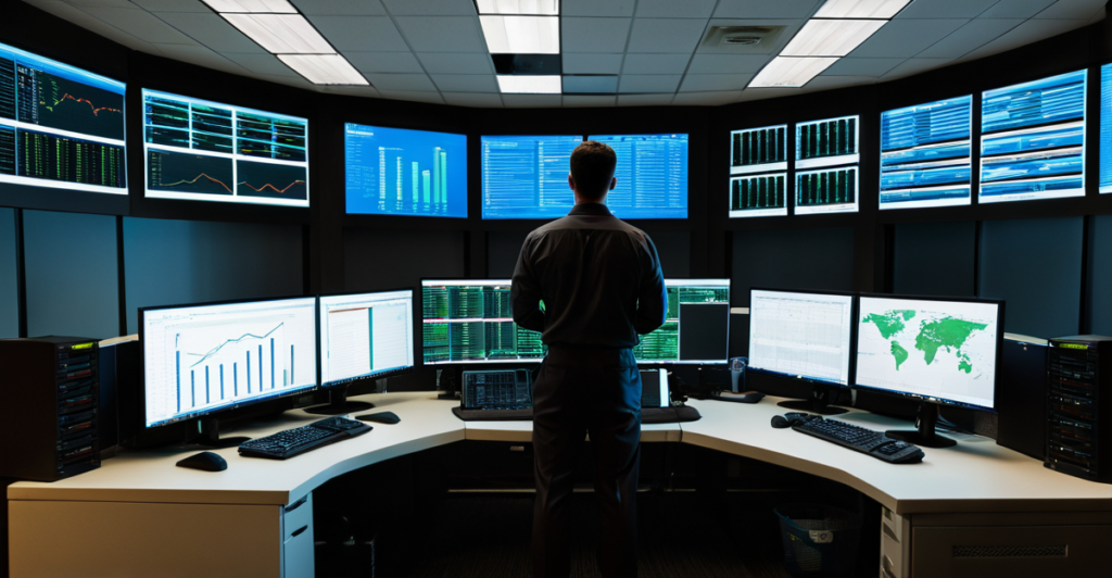 Command center with market trends and AI data visualizations, illustrating the generative AI boom