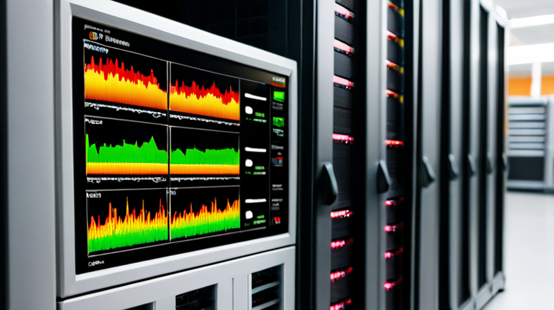 Close-up of GPU server rack with diagnostic monitor showing AI model performance