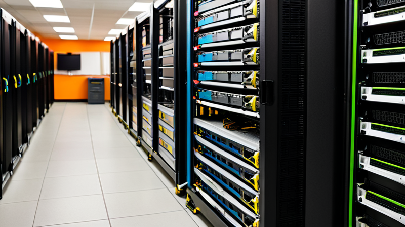 Secure server room with networking hardware and distant technician, highlighting AI infrastructure