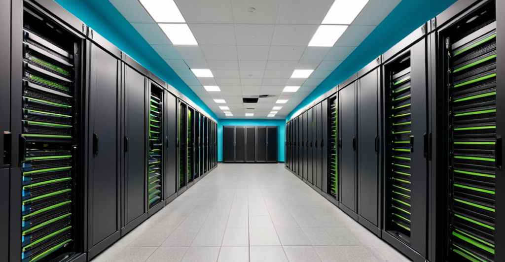 High-density enterprise server racks in a modern data center representing AI computational power