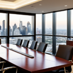 Modern corporate boardroom table with tablets displaying private equity and boutique investment banking performance charts