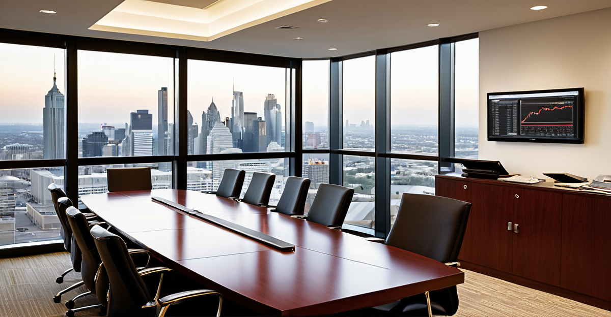 Modern corporate boardroom table with tablets displaying private equity and boutique investment banking performance charts