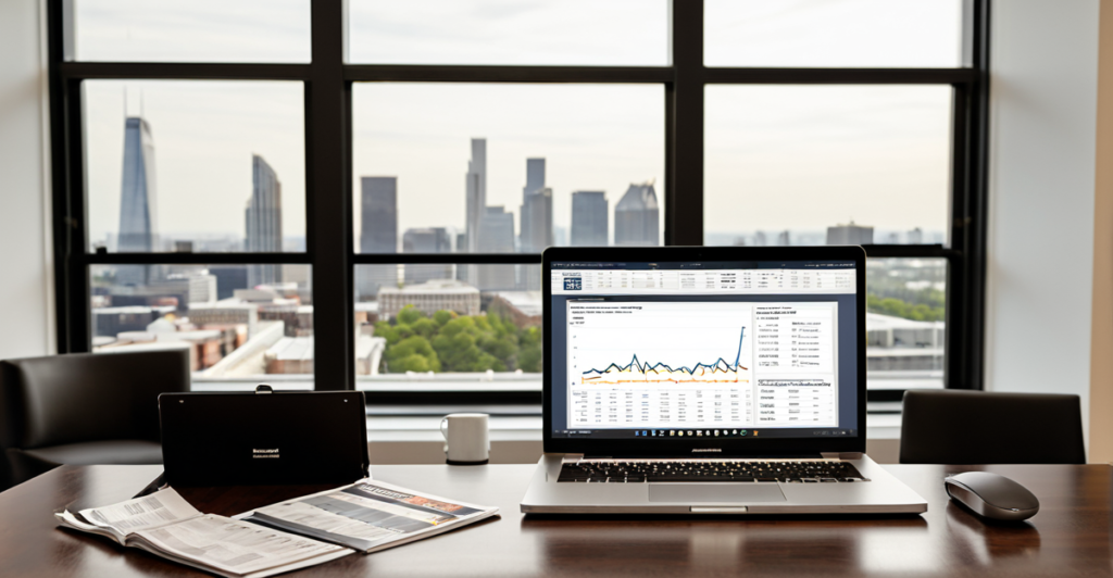 Strategic portfolio dashboard on a laptop inside a high-end corporate investment office.