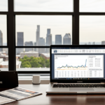 Strategic portfolio dashboard on a laptop inside a high-end corporate investment office.