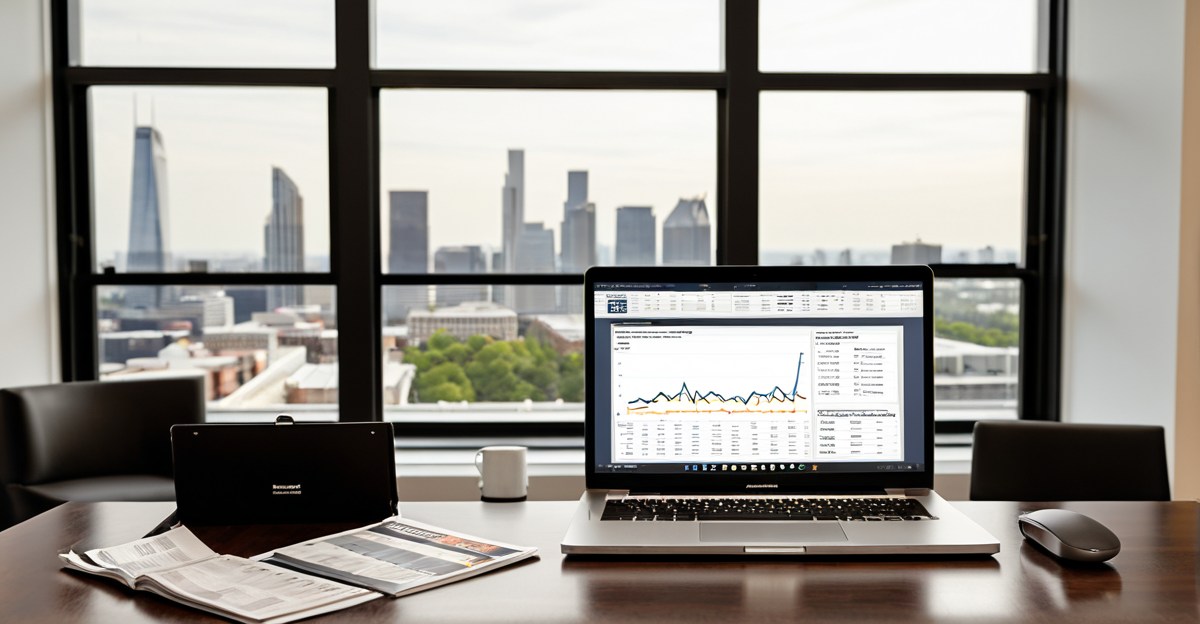Strategic portfolio dashboard on a laptop inside a high-end corporate investment office.