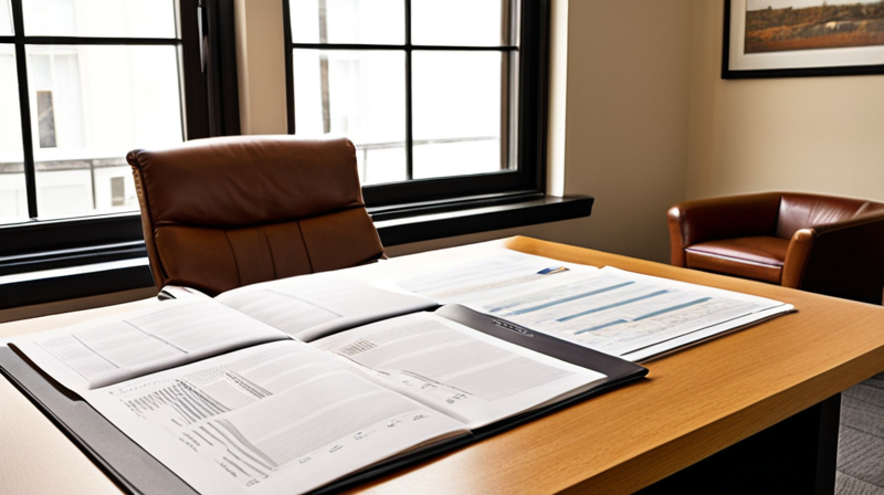 Quiet upscale private banking office with portfolio reports on an oak desk.