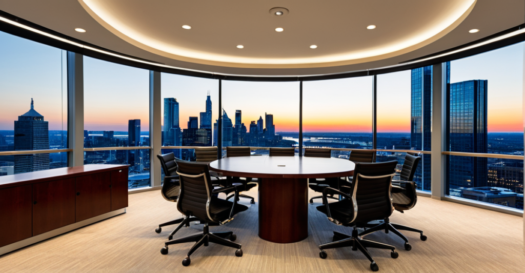Modern investment banking boardroom with high-resolution displays showing portfolio optimization metrics.