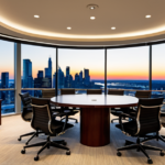 Modern investment banking boardroom with high-resolution displays showing portfolio optimization metrics.