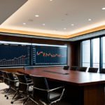 A modern investment banking boardroom overlooking a city skyline, representing high-level corporate deal-making.
