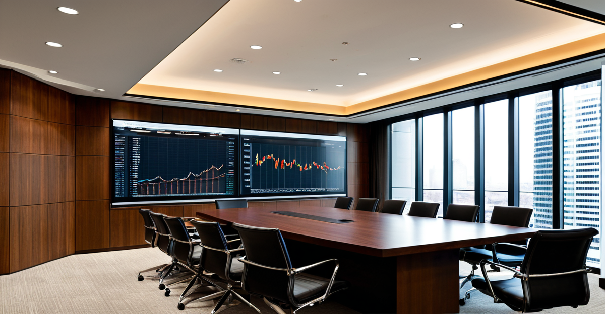 A modern investment banking boardroom overlooking a city skyline, representing high-level corporate deal-making.
